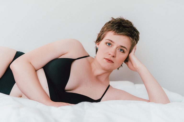 Short Haired brunette with natural makeup for boudior photography